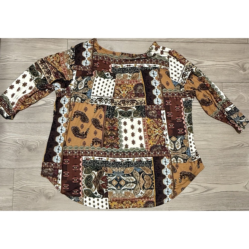 Philosophy Patchwork Print Women's Size 3X 3/4 Pleatback Sleeves Tee